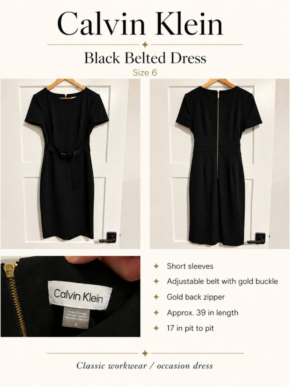 Calvin Klein Black Belted Sheath Dress Size 6 Gold Hardware Career Cocktail